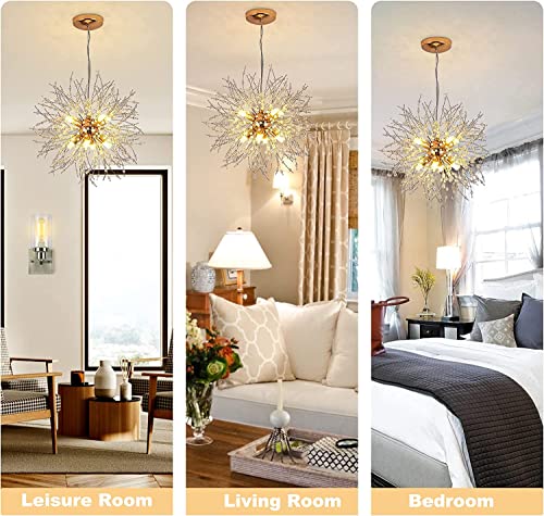 Modern Crystal Dandelion Pendant Lights Ceiling Gold Firework Chandeliers, G9 Lamp Alloy Fixtures With 8 Bulb and 32 Strings Crystal, for Living Room, Bedroom, Dining, Foyer, Bar(Warm light, Gold)