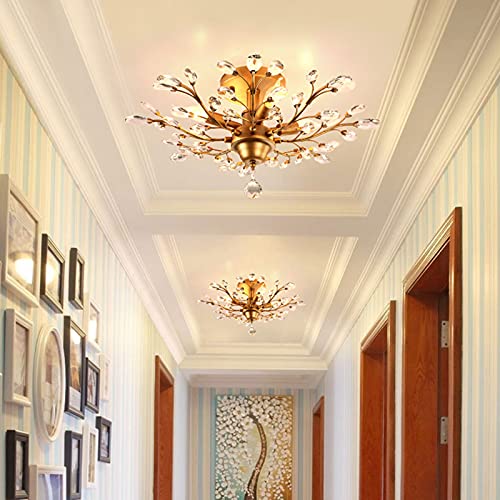 Ganeed Vintage K9 Clear Crystal Chandeliers,Ceiling Lighting,Pendant Lighting Flush Mounted Fixture with 4 Light for Living Room Dinning Room Restaurant Porch Hallway (Gold)