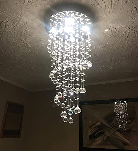 A1A9 Elegant Spiral Crystal Chandelier Lights, Clear K9 Crystal Raindrop LED Ceiling Lights Chrome Flush Mount Pendant Lamp Fixture for Livingroom Dining Room Hallway Stairway Foyer D40cm H80cm