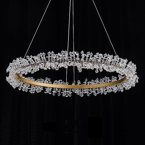 SYUFRE Gold Modern Led Pendant Light Lighting Fixture Modern Crystal Chandelier Lighting, Dimmable 1 Ring LED Ceiling Lights Fixtures High Ceiling Foyer Chandelier for Living Room Dining Room Stairca