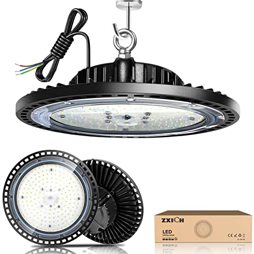 ZXICH Super Bright UFO LED High Bay Light 150W 22500LM (150LM/W) for Shop/Garage/Barn/Warehouse/Factory/Gym, Daylight White 6000K-6500K, Alternative to 300W MH/HPS, 40in Cable, Safe Rope, IP65