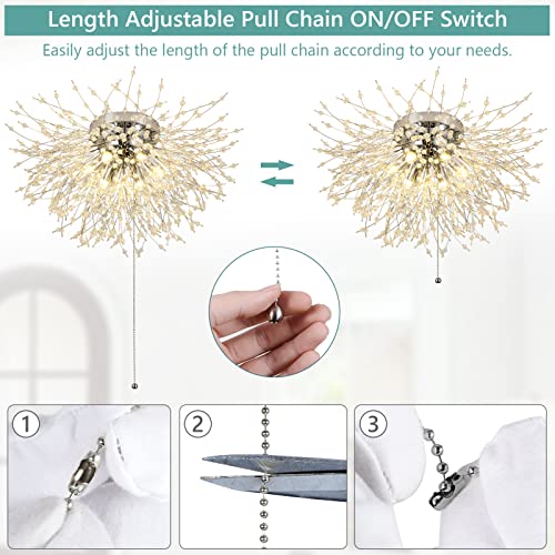 Rayofly Modern Chandeliers Ceiling Light, 6-Lights Crystal Ceiling Lights Living Room, Fireworks Flush Ceiling Light with Pull Cord Switch, Ceiling Lights for Bedroom Dining Room Kitchen Hallway, G9