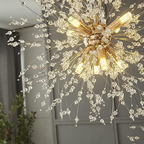 Dandelion Crystal Chandelier, 8-Light Golden Fireworks Ceiling Light, Modern Chandelier for Bedroom Living Room Dining Room Kitchen Island Corridor (3pcs)
