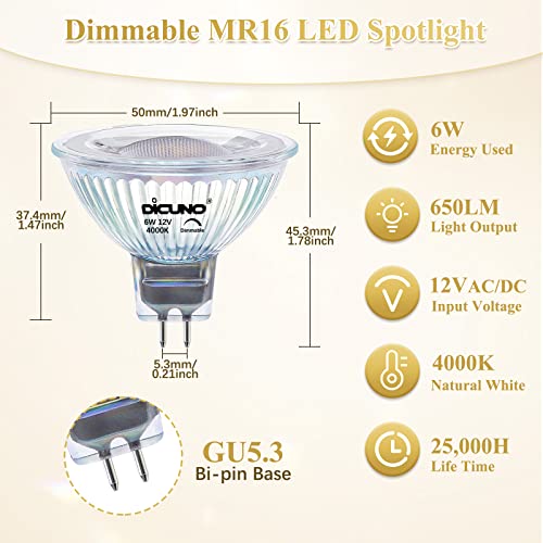 DiCUNO MR16 LED Bulbs Dimmable GU5.3 Spotlight Bulb, 12Volt, 6W 60W Halogen Equivalent, 4000K Natural White, 650LM, 40-Degree Bi-Pin Base Track Light, 6 Packs