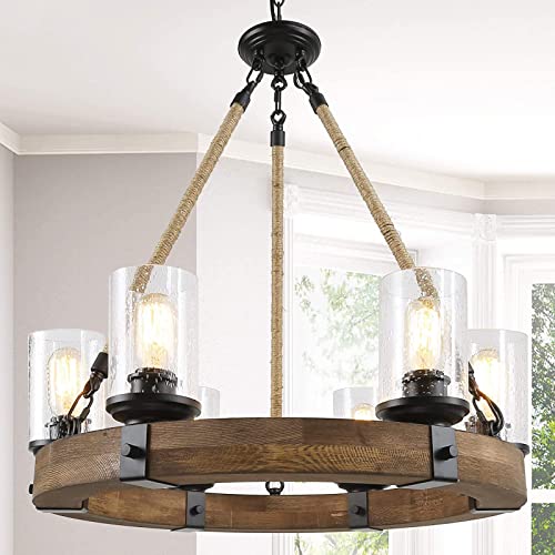 Farmhouse Chandelier Light Fixture, Wagon Wheel Chandelier Wood, Rope Wood Chandelier with Seeded Glass Shade, Antique Lighting Fixtures Ceiling