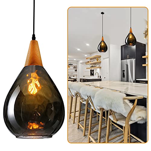 Grey Glass Pendant Light for Kitchen Island, Dining Room | Pendant Lighting Textured Glass | Teardrop Dome Seeded Modern Glass Pendant Light Fixture