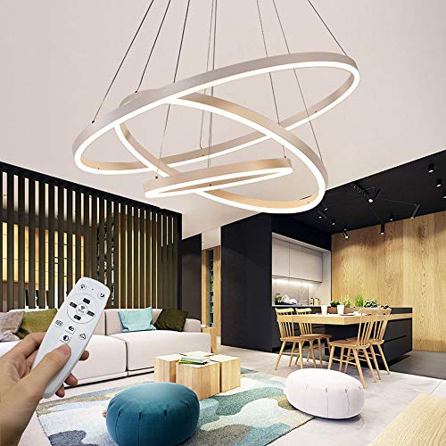 Modern LED Pendant Light, 3 Rings Collection White Paint, Adjustable Hanging Light Chandelier Contemporary Ceiling Light, Dimmable 2700K - 6500K, with Remote Control - 78W