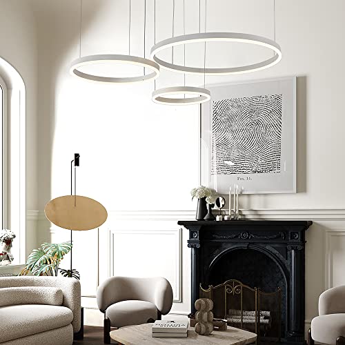 STARRYOL Modern LED Pendant Light, 3 Rings White Paint Collection, Adjustable Pendant Light Modern Ceiling Chandelier, Dimmable 2700K - 6500K, with Remote Control 78W
