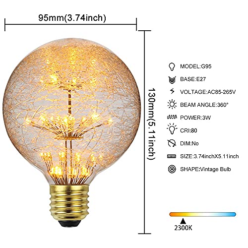 YANUODA Led Bulbs Vintage Light Bulb 3W Starry Deorative Light Bulb 2200Kelvin Yellow Warmth Glow E27 (G95 Moon Light)