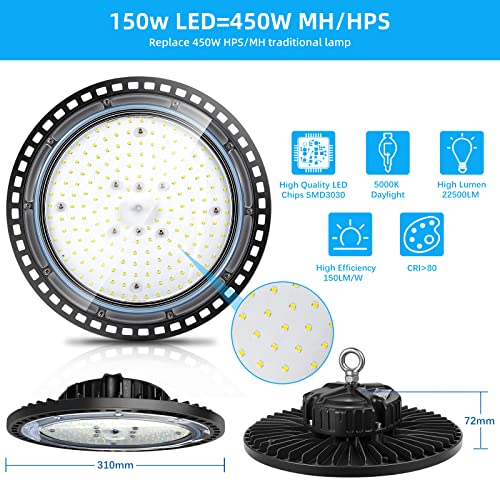 ZXICH Super Bright UFO LED High Bay Light 150W 22500LM (150LM/W) for Shop/Garage/Barn/Warehouse/Factory/Gym, Daylight White 6000K-6500K, Alternative to 300W MH/HPS, 40in Cable, Safe Rope, IP65