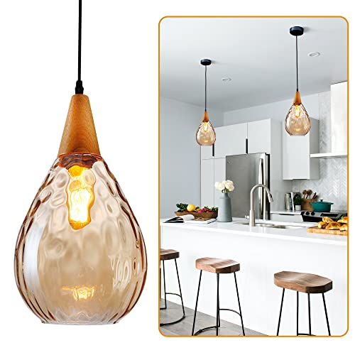 Glass Pendant Light for Kitchen Island, Dining Room | Pendant Lighting Textured Glass | Teardrop Dome Seeded Modern Glass Pendant Light Fixture (Amber)