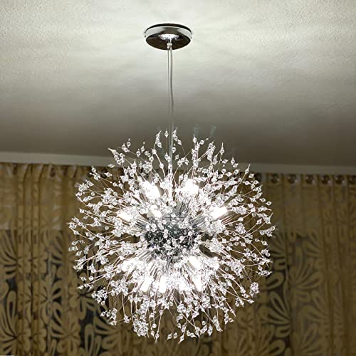 Qamra Modern Chrome Crystal Chandelier,16-Light Firework Pendant Dandelion Chandeliers Sputnik Lights Ceiling for Dining Room, Bedroom, Entry, Kitchen, Living Room