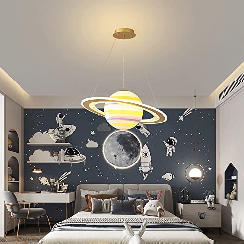 Wmdtr Boys Room Planet Pendant Lamp, Modern LED Creative Cartoon Resin Astronaut Ceiling Light Fixture, Space Ship Chandelier for Children's Room, Bedroom, Kids Room, Kindergarten