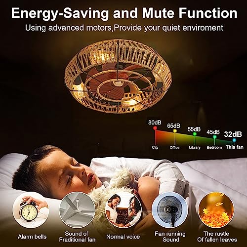 YUNZI Cage Ceiling Fan with Lamp and Remote Control DC Motor Reversible 6 Wind Speed Fan Light for Bedroom Living Room Compiling Ceiling Fan Design Summer & Winter Reversible-A