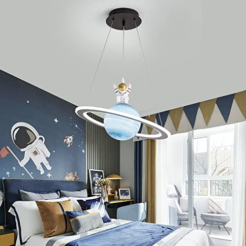 LED Pendant Light for Children's Room, 72W Ceiling Light dimmable Creative Earth Astronaut Design Kids Lamp Girls Boys Bedroom Hanging Lamp, Height Adjustable Modern Chandelier, 48cm