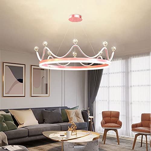 ISSPTYB 20 Inch Pink Kid Chandeliers for Girls Bedrooms LED Dimming Round Chandelier Light Modern Gold Light Fixture Crown Ceiling Pendant Light Chandelier for Dining Room Children Living Room