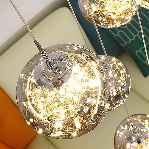 RAGGZZ Large Glass Globe Chandelier for Foyer Entryway Chrome Black Grey Bubble Ceiling Hanging Lamp Modern Vintage Industrial Led Light for Staircase Hallway Dining Room Living Room/12 Lights