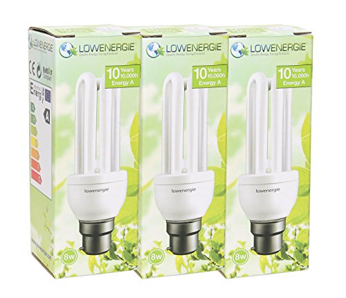 8W (=40W) Energy Saving CFL 6500K Day White colour Light Bulb B22 BC Bayonet Cap, Stick, 10 Years, 10,000 hours compact fluorescent with pack sizes by Lowenergie (3)