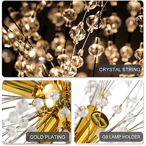 Modern Crystal Dandelion Pendant Lights Ceiling Gold Firework Chandeliers, G9 Lamp Alloy Fixtures With 8 Bulb and 32 Strings Crystal, for Living Room, Bedroom, Dining, Foyer, Bar(Warm light, Gold)