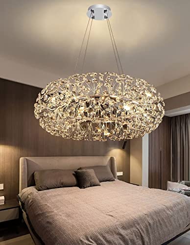 EFPD Modern Crystal Dandelion Chandelier, D24'' Large Silver Ring Ceiling Pendant, Crystal Chandelier for Bedroom, Living Room, Dining Room (12 Lights, Silver)