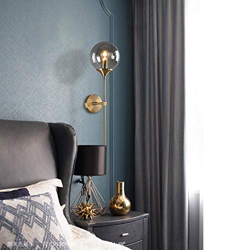 MZStech Vintage Industrial Wall Mounted Sconce, Grey Glass Globe with Long Arm Gold Wall Lamp,Golden Wall Light for Bedside (Grey)