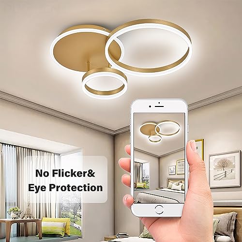 XEMQENER LED Ceiling Light, 57W Modern Chandeliers Ceiling Lights Fitting, Golden Acrylic Flush Mount Chandelier Pendant Light for Living Room Bedroom Dining Room, 6000K Cool White Light Only