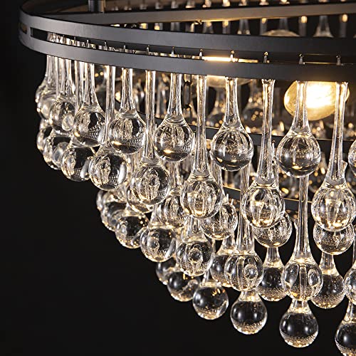 Tochic Black Crystal Chandelier 24 inch, Modern Farmhouse Light Fixtures Ceiling Hanging Crystal Pendant Lighting for Dining Room, Kitchen Island, Living Room, Bedroom, 3 Tiers