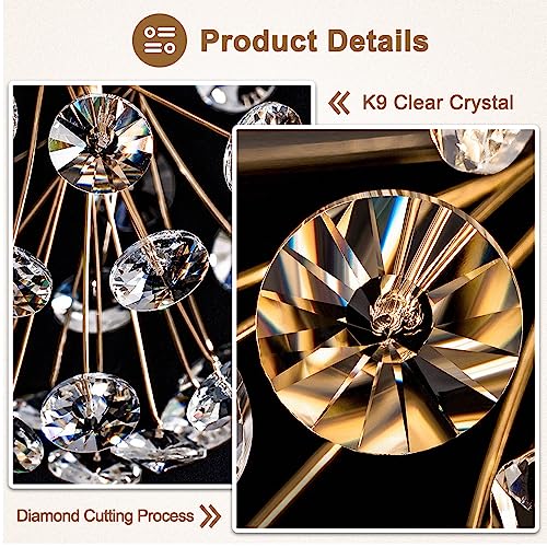 HvKvHvY Crystal Gold Chandeliers Firework Dandelion Light Fixture 12 Lights Round Bedroom Chandelier Ceiling Light Brush Gold Chandeliers for Living Dining Room Ring Pendant Ceiling Lights 24inch