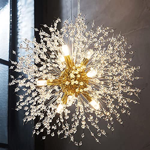 Modern Crystal Dandelion Pendant Lights Ceiling Gold Firework Chandeliers, G9 Lamp Alloy Fixtures With 8 Bulb and 32 Strings Crystal, for Living Room, Bedroom, Dining, Foyer, Bar(Warm light, Gold)