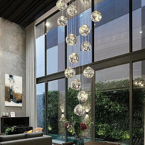 RAGGZZ Large Glass Globe Chandelier for Foyer Entryway Chrome Black Grey Bubble Ceiling Hanging Lamp Modern Vintage Industrial Led Light for Staircase Hallway Dining Room Living Room/12 Lights