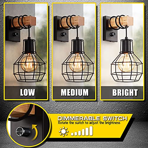 Glighone Industrial Wall Lamp Indoor Cage Wall Lights E27 Vintage Industrial Wall Light with Switch Retro Wooden Wall Lamp Dimmable Black Suitable for Living Room Kitchen Bedroom