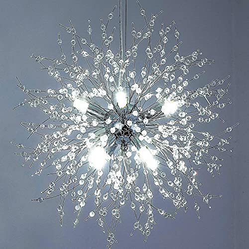 Modern Firework Chandeliers Dandelion Pendant Light, 8 Lights G9 Lamps Alloy Fixtures - with Bulb and 32 Strings Crystal, for Living Room, Bedroom, Dining, Foyer, Hallway, Shop (Chrome, Cold Light)