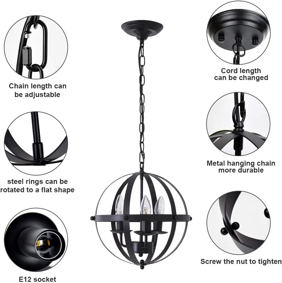 Ganeed Pendant Light,Industrial Globe Pendant Lighting,Vintage Chandelier Spherical Hanging Light,Ceiling Light Fixture for Kitchen Island Dining Table Farmhouse
